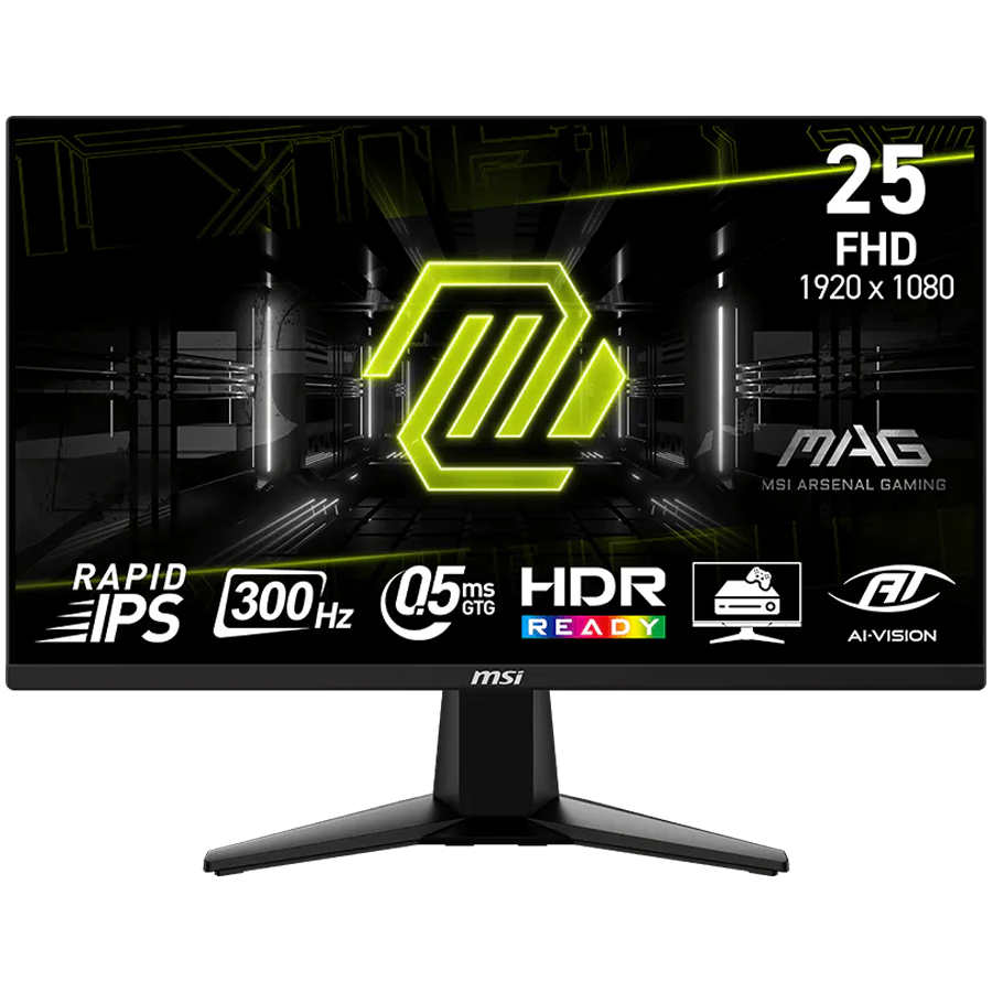 MSI MAG 255F, 24.5", Rapid IPS, 1920x1080 (FullHD), 300Hz, 300 Nits, 0.5ms, AMD FreeSync Premium, HDR Ready, 2x HDMI 2.0b, 1x DP 1.4a, 1x Headphone-out, Tilt, VESA