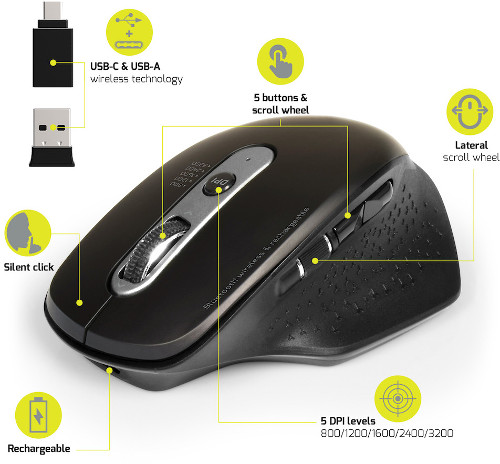 Port miš OFFICE EXE punjivi BT, bežični, crni, 900716