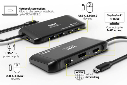 Port docking travel  USB-C,1x4K ili 2xFHD, do 100W, 901913V2