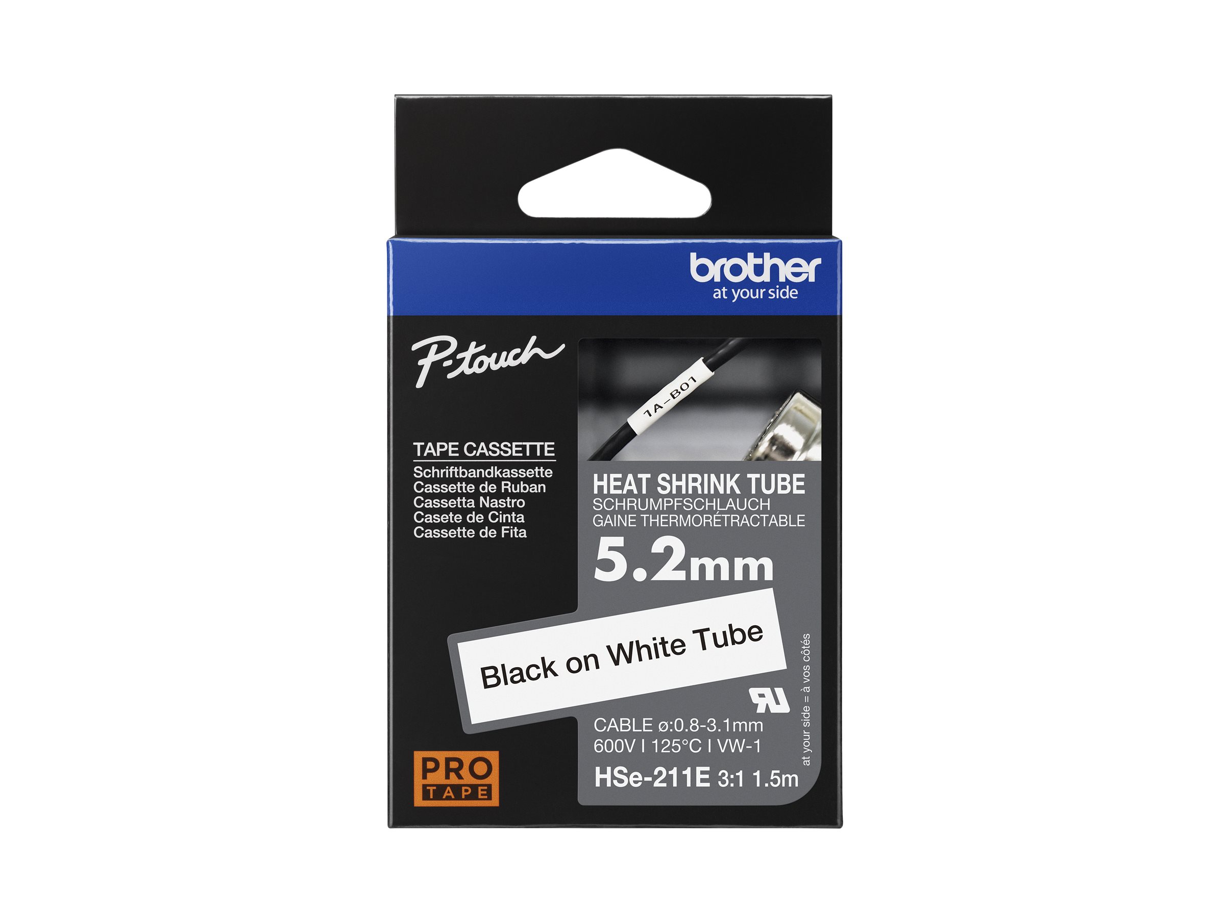 BROTHER Heat Shrink Tube Black on White, HSE211E